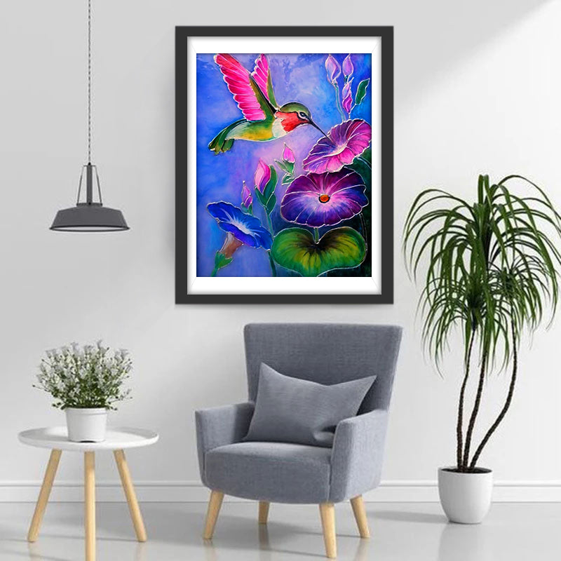 Grote Paarse Bloemen en een Roze en Groene Vogel Diamond Painting