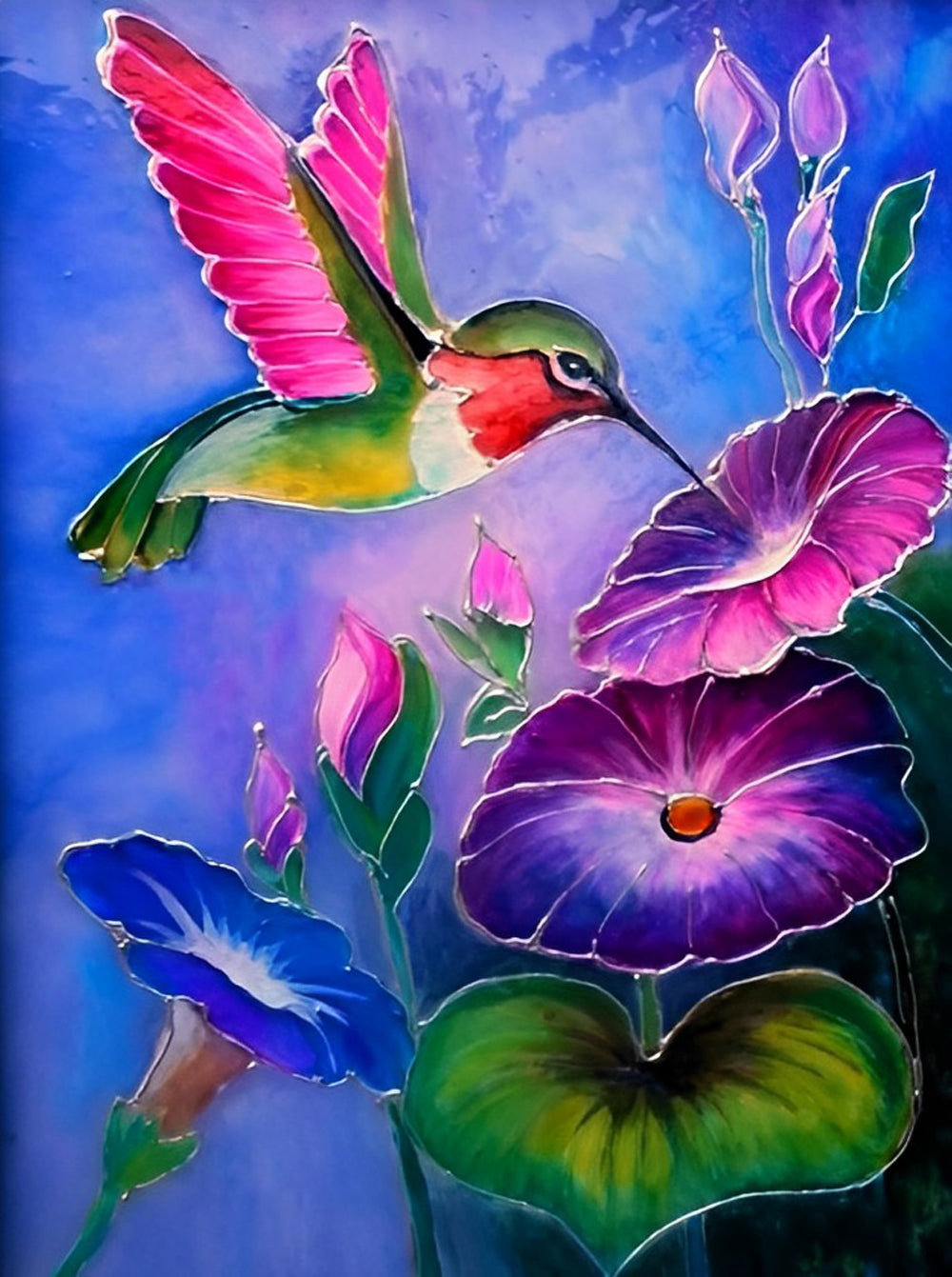 Grote Paarse Bloemen en een Roze en Groene Vogel Diamond Painting