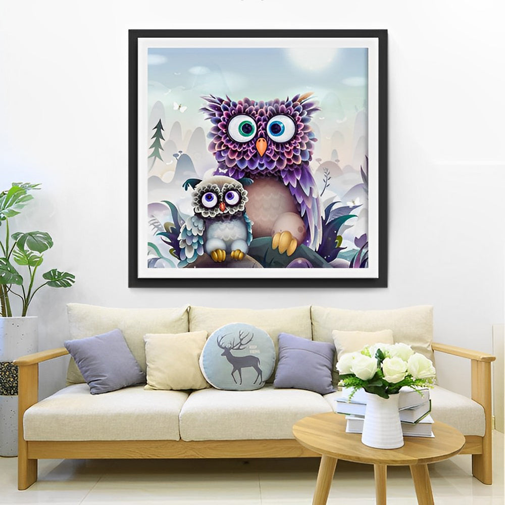 Grote Paarse en Kleine Groene Uil Diamond Painting