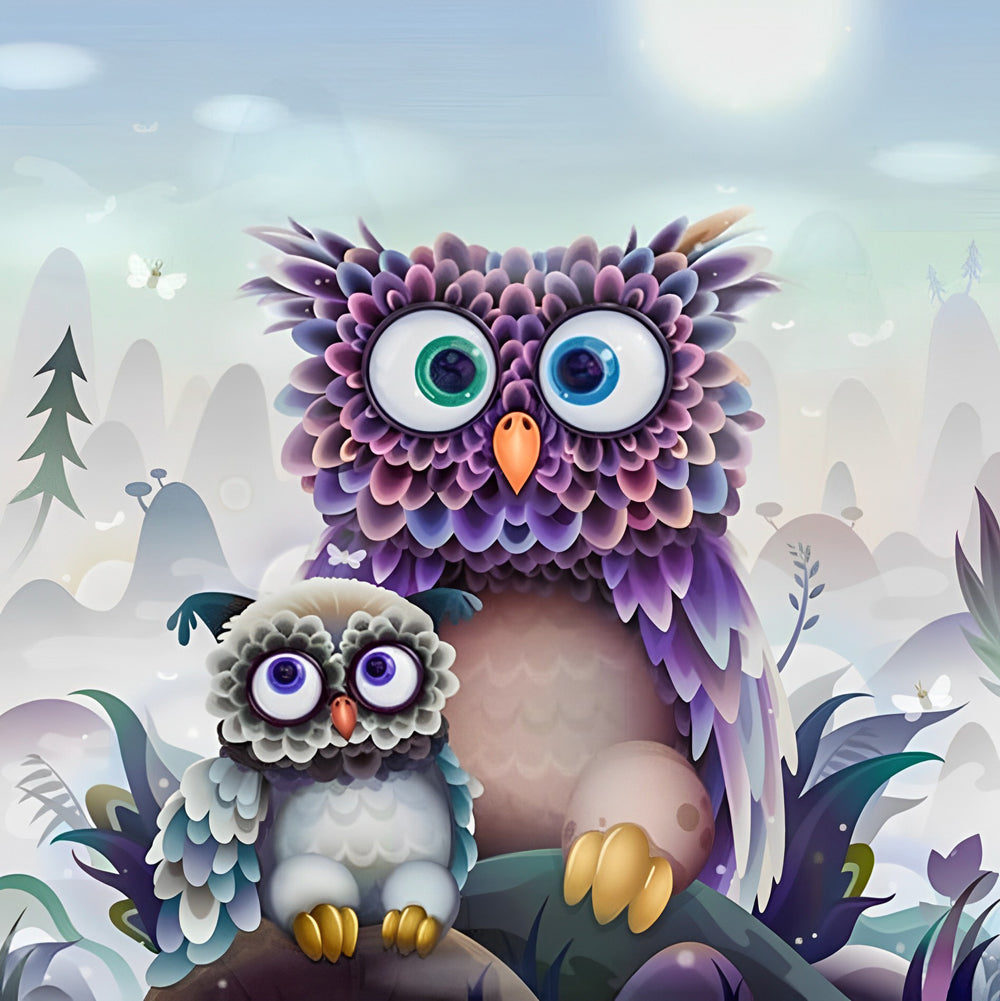 Grote Paarse en Kleine Groene Uil Diamond Painting