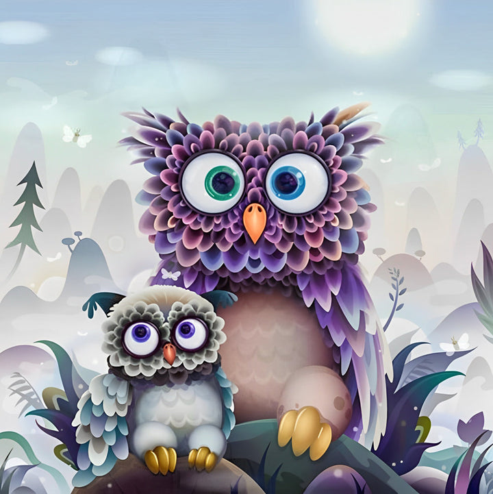 Grote Paarse en Kleine Groene Uil Diamond Painting