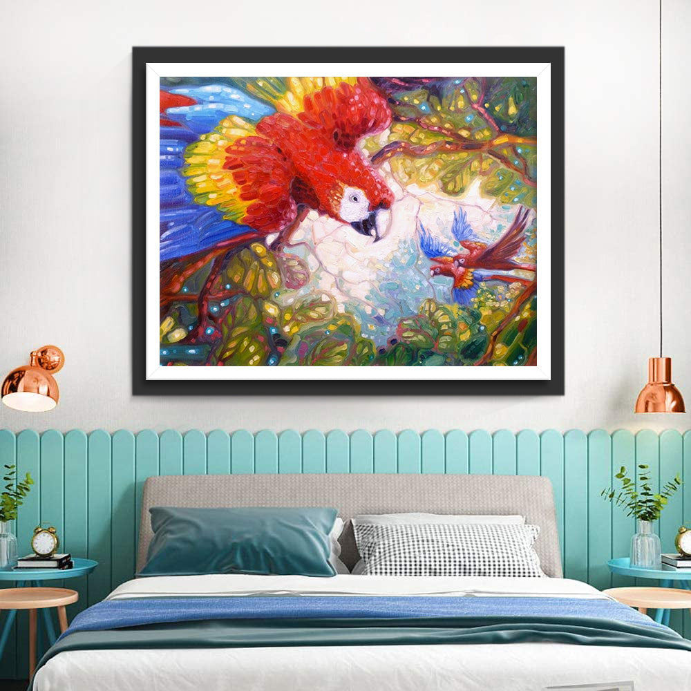 Grote Papegaai en Twee Kleine Papegaaien in de Boom Diamond Painting