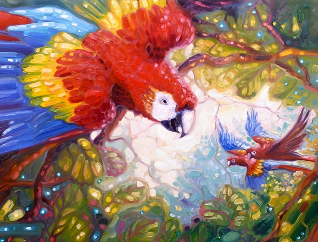 Grote Papegaai en Twee Kleine Papegaaien in de Boom Diamond Painting