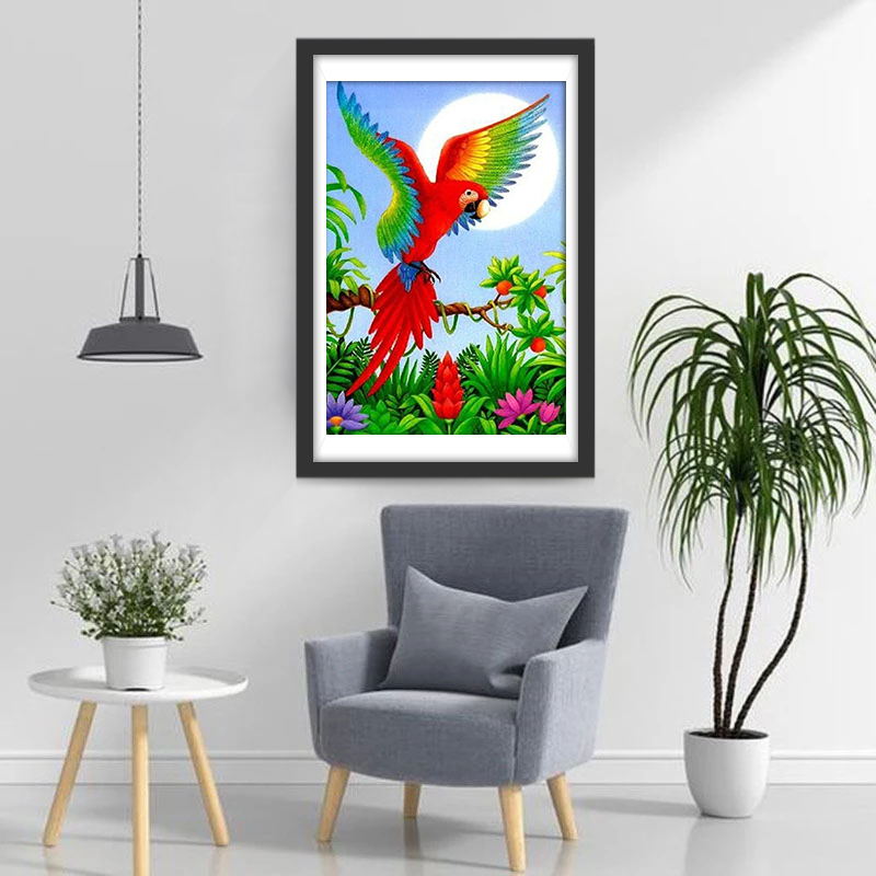 Grote Papegaai Vliegt in de Bloemen Diamond Painting