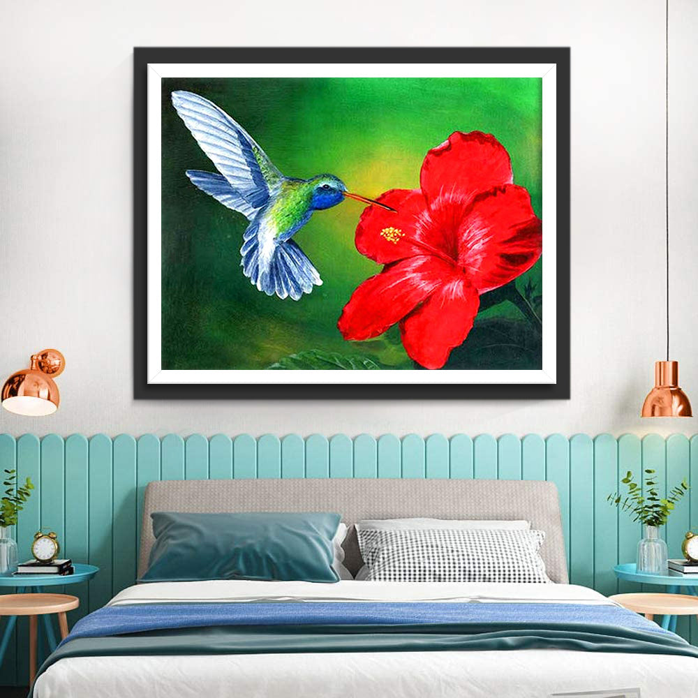 Grote Rode Bloem en een Kolibrie Diamond Painting