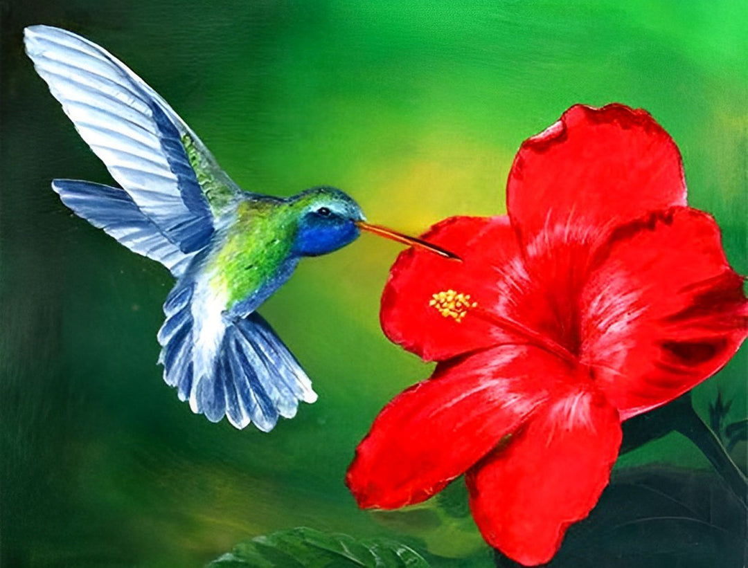 Grote Rode Bloem en een Kolibrie Diamond Painting