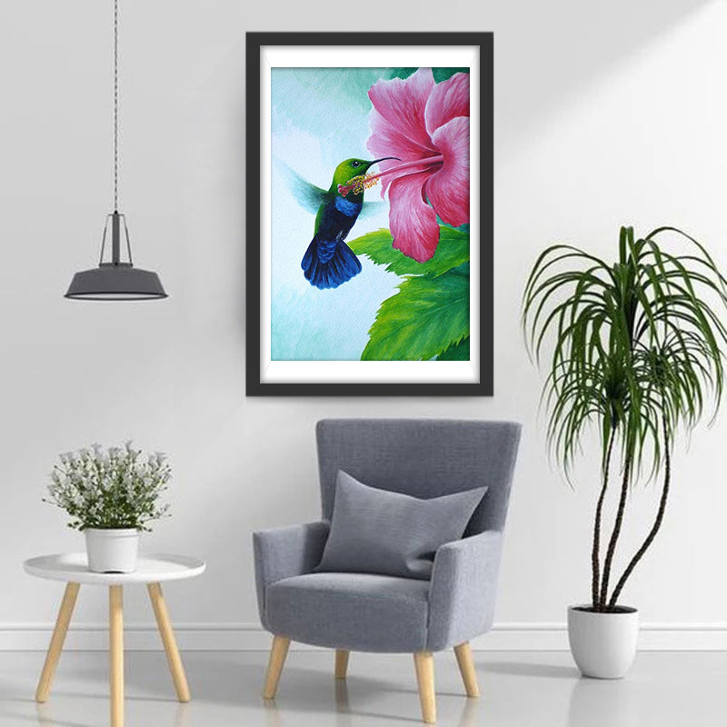 Grote Roze Bloem en een Kolibrie Diamond Painting