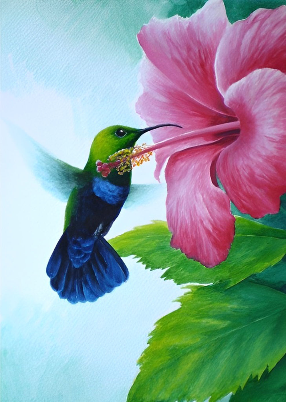 Grote Roze Bloem en een Kolibrie Diamond Painting