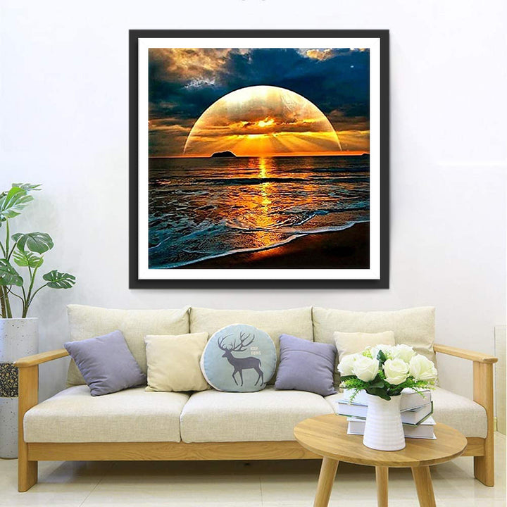Grote Zon Boven de Zee met Rustige Lichtstralen Diamond Painting