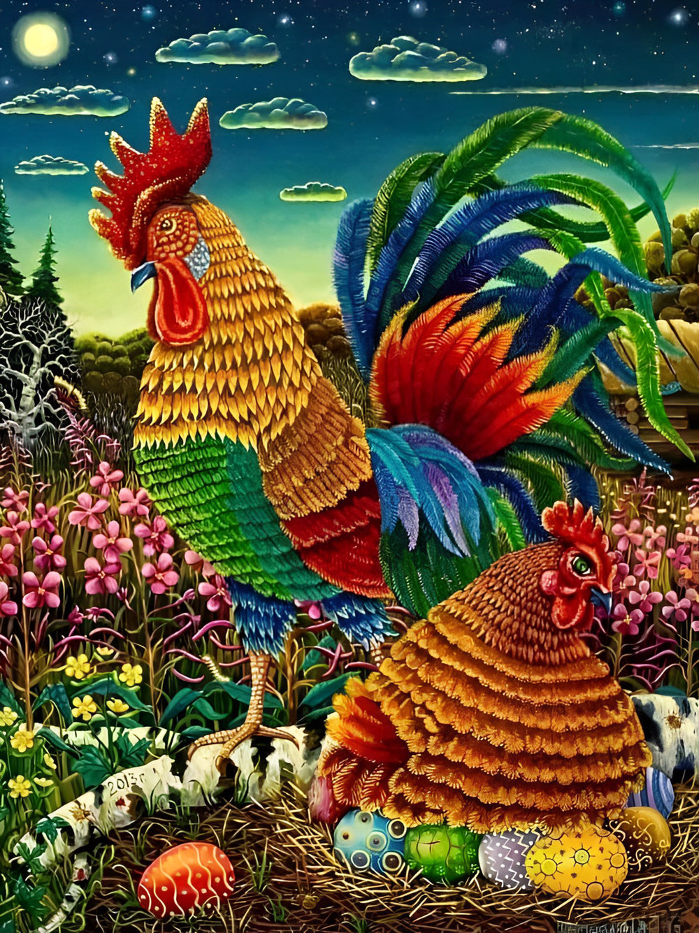 Haan en Hen met Paaseieren in Nachtlandschap Diamond Painting