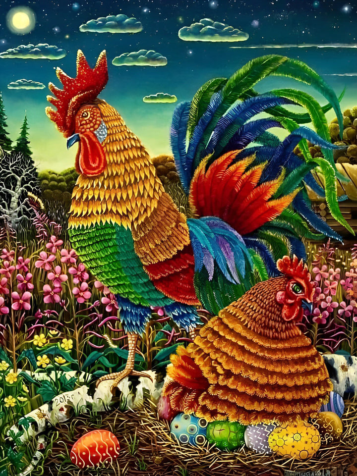 Haan en Hen met Paaseieren in Nachtlandschap Diamond Painting