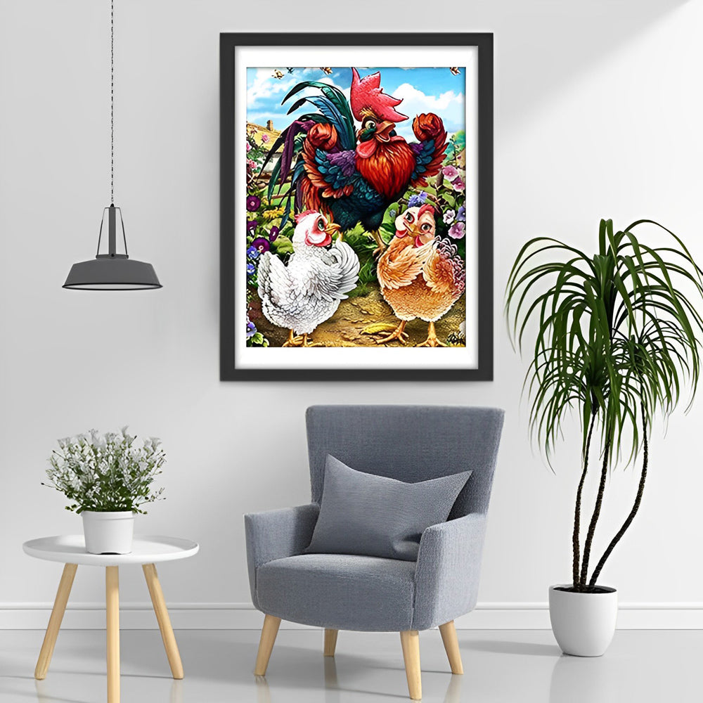 Haan en Twee Verlegen Kippen Diamond Painting