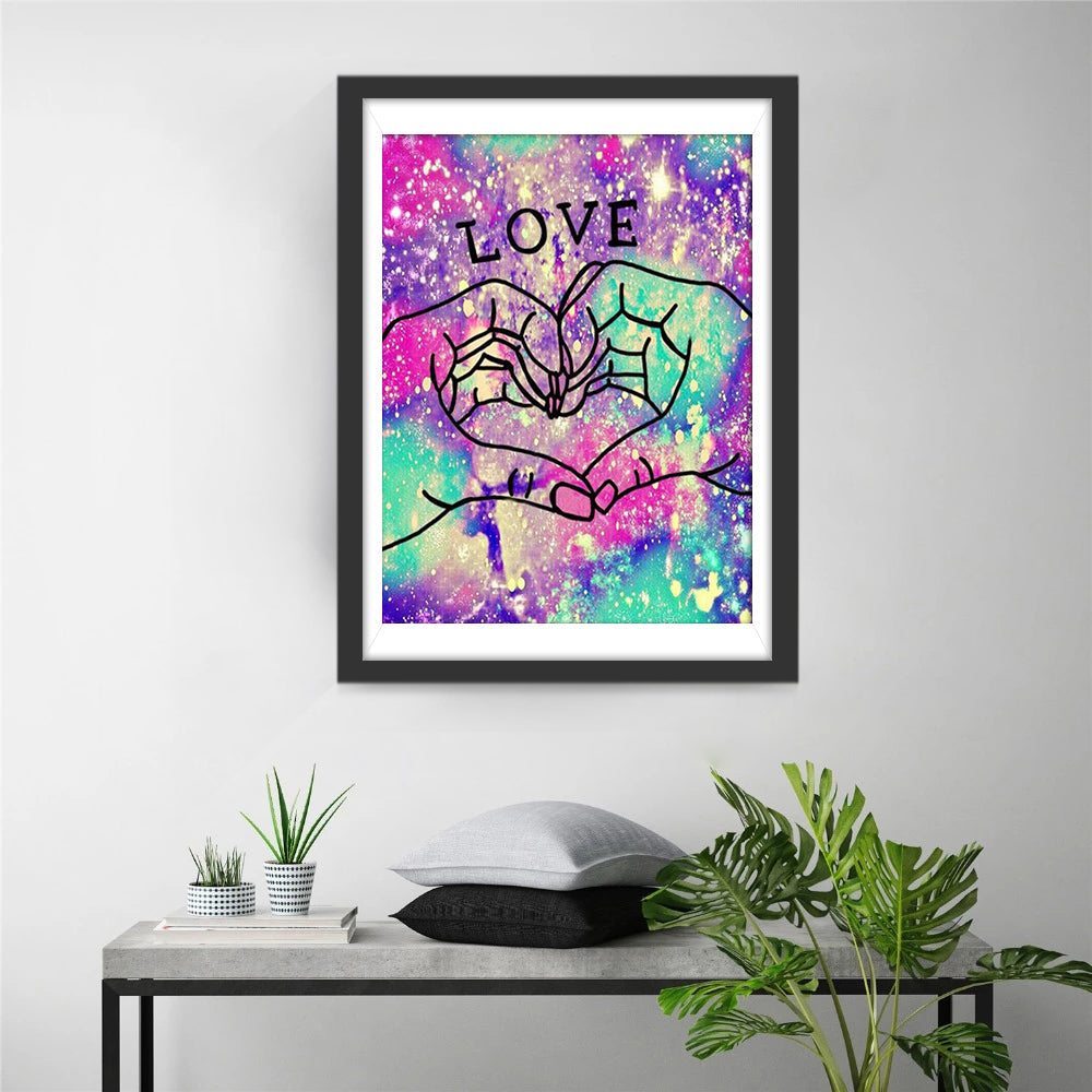 Handen Vormen Hart met 'LOVE', Achtergrond vol Sterren Diamond Painting