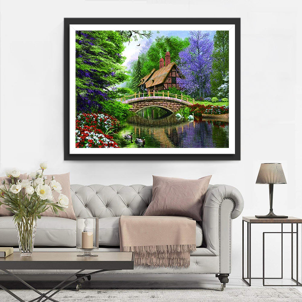 Harmonieuze Natuurtaferel met Tuinhuisje Diamond Painting