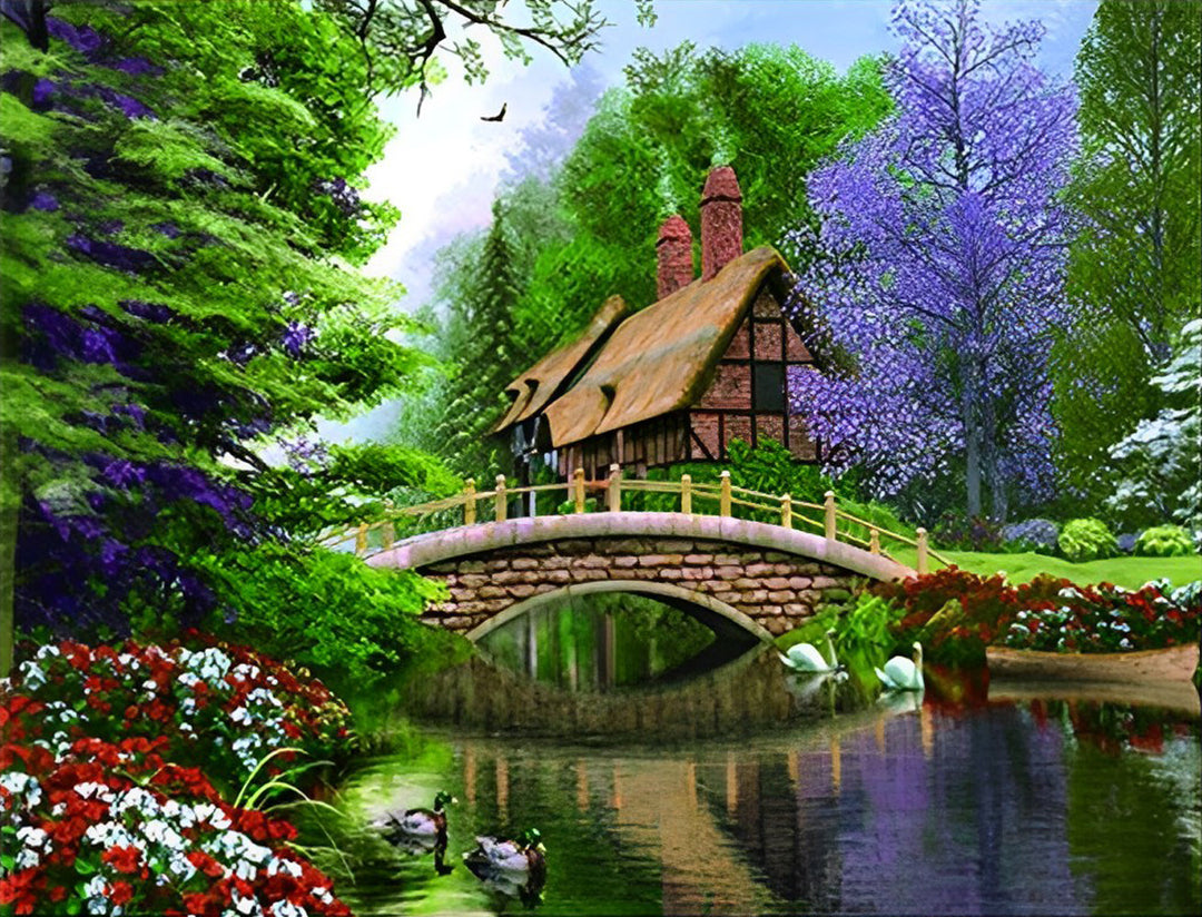Harmonieuze Natuurtaferel met Tuinhuisje Diamond Painting