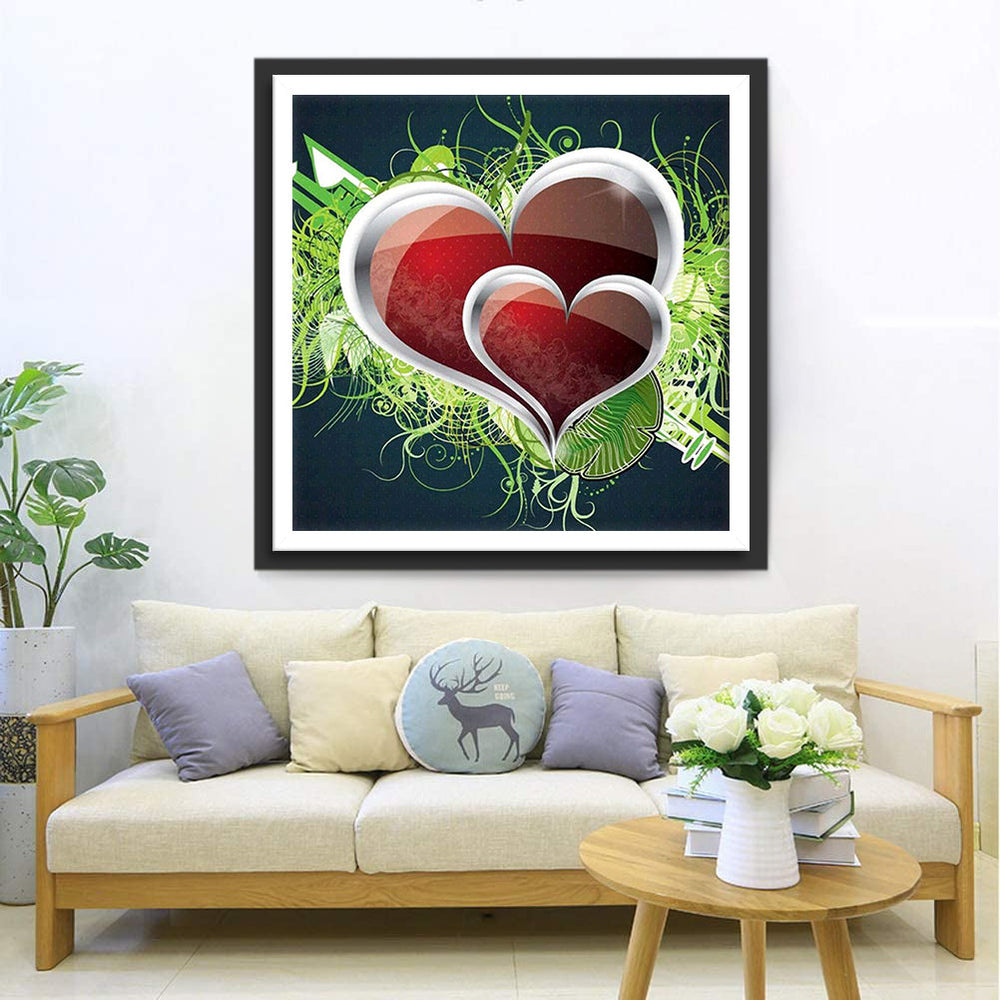 Hartvormen met Glans Rand tegen Groene Achtergrond Diamond Painting