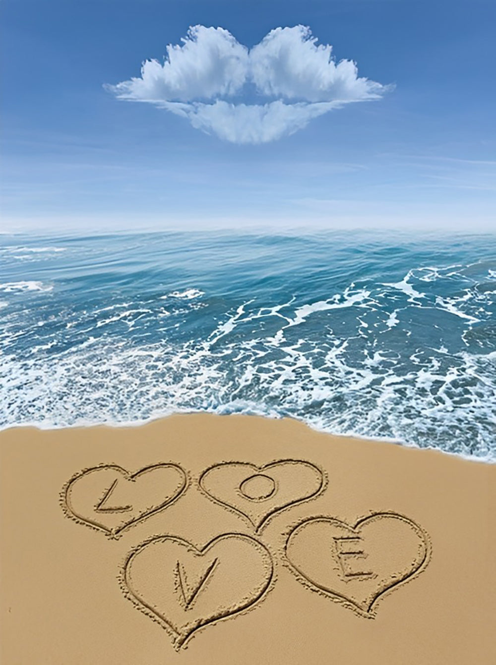 Hartvormige Wolk bij Zee met "LOVE" - Inscriptie in Zand Diamond Painting