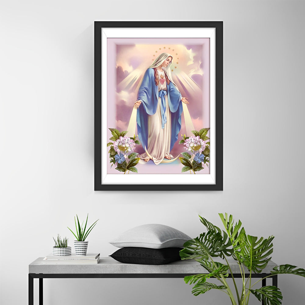 Heilige Maagd Maria met Stralen en Bloemen Diamond Painting
