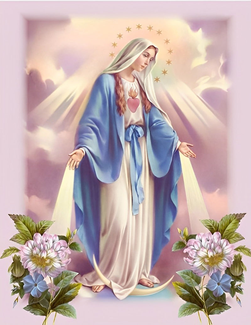 Heilige Maagd Maria met Stralen en Bloemen Diamond Painting
