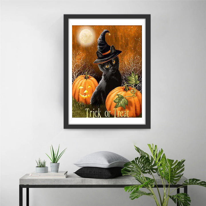 Heksenkat en Pompoenen bij Volle Maan Diamond Painting