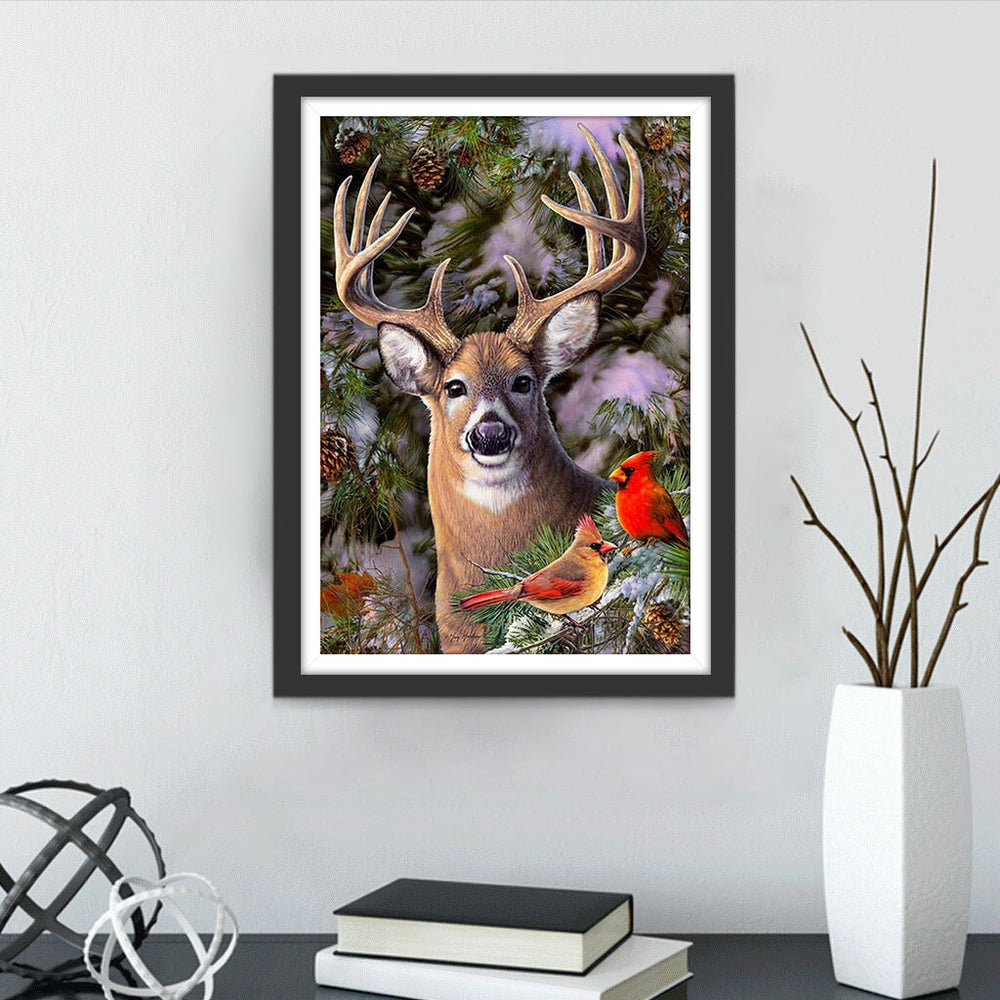 Hert en Twee Kardinalen Diamond Painting
