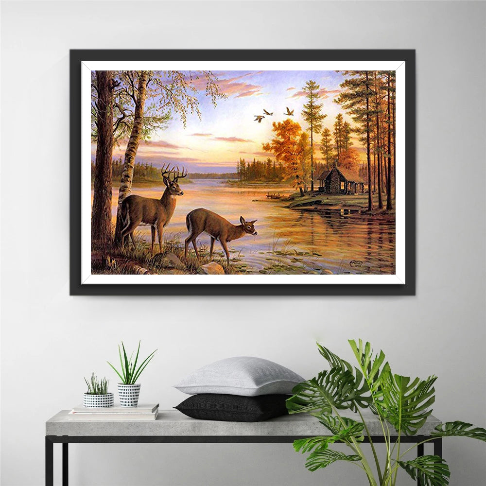 Herten aan het Meer bij Zonsondergang Diamond Painting