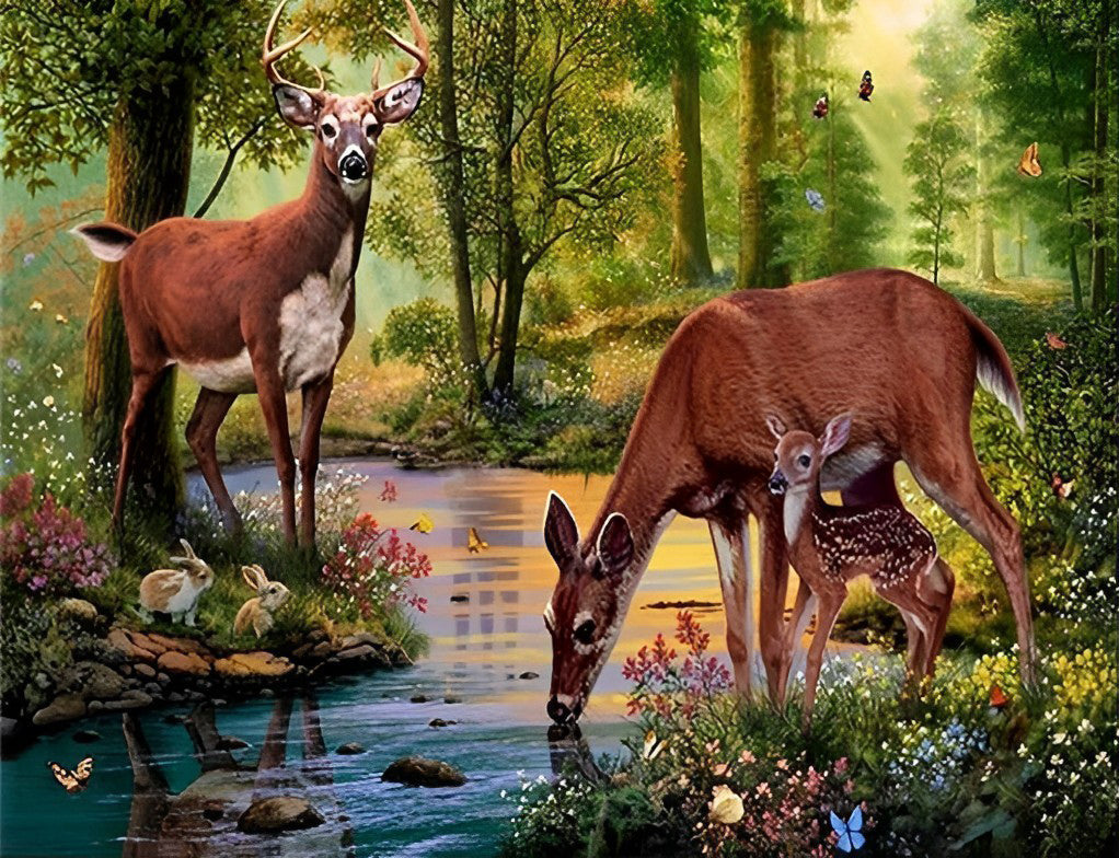 Herten bij Een Bosbeek Diamond Painting