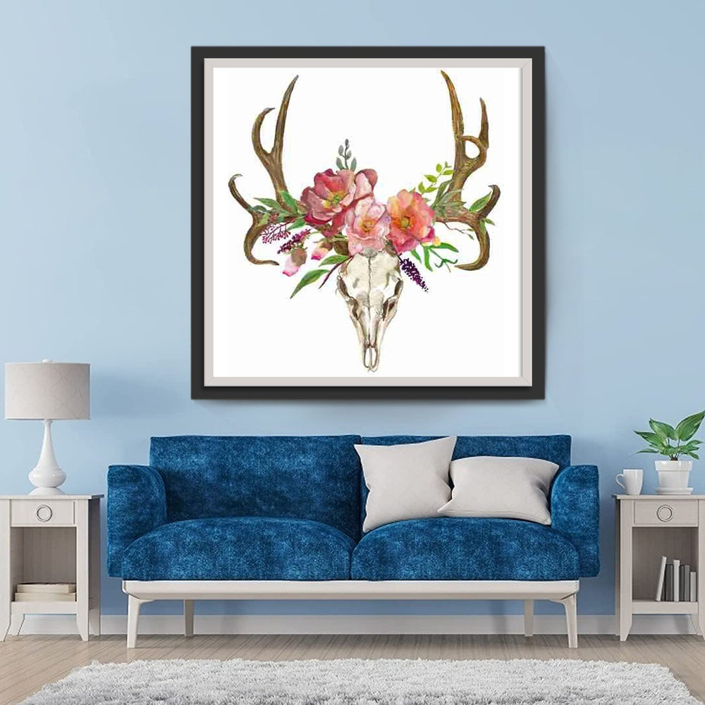 Hertenkop en Rode Bloemen Diamond Painting