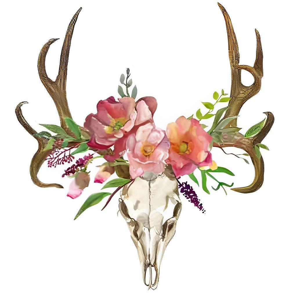 Hertenkop en Rode Bloemen Diamond Painting