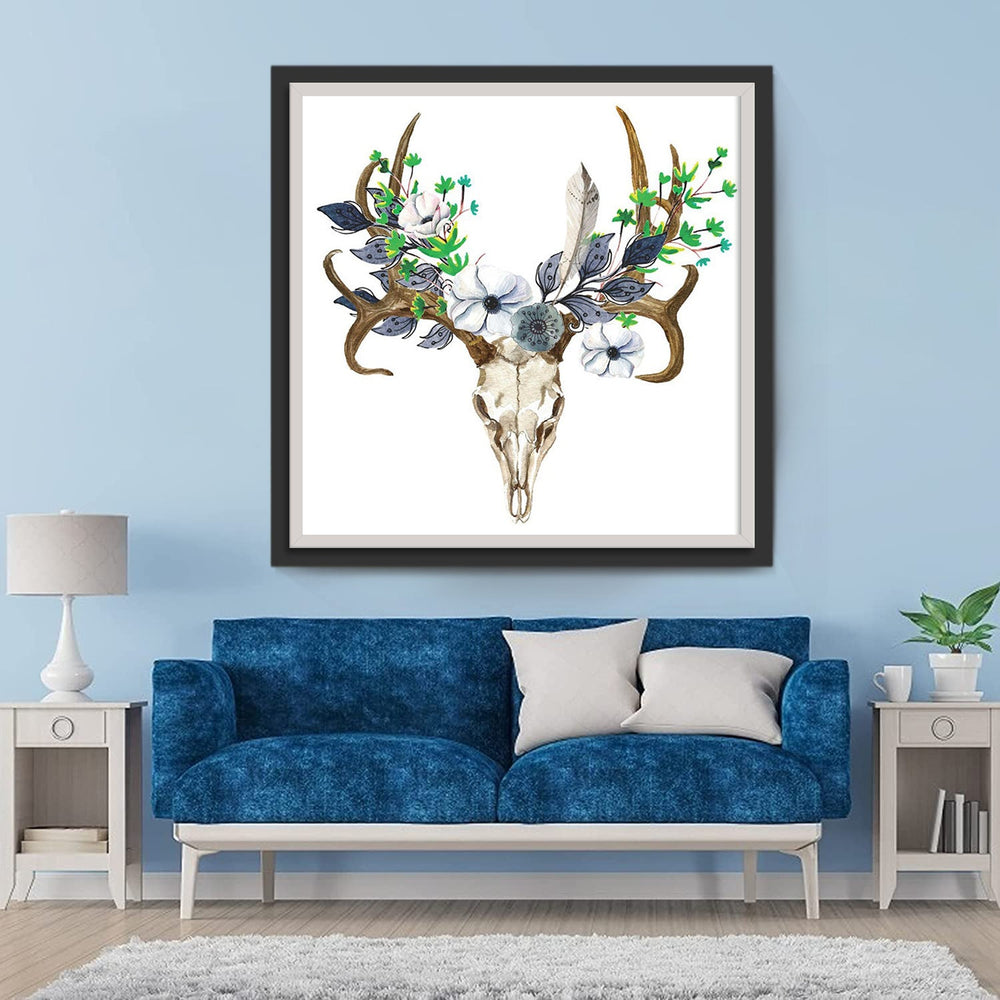 Hertenschedel en Bloemen Diamond Painting