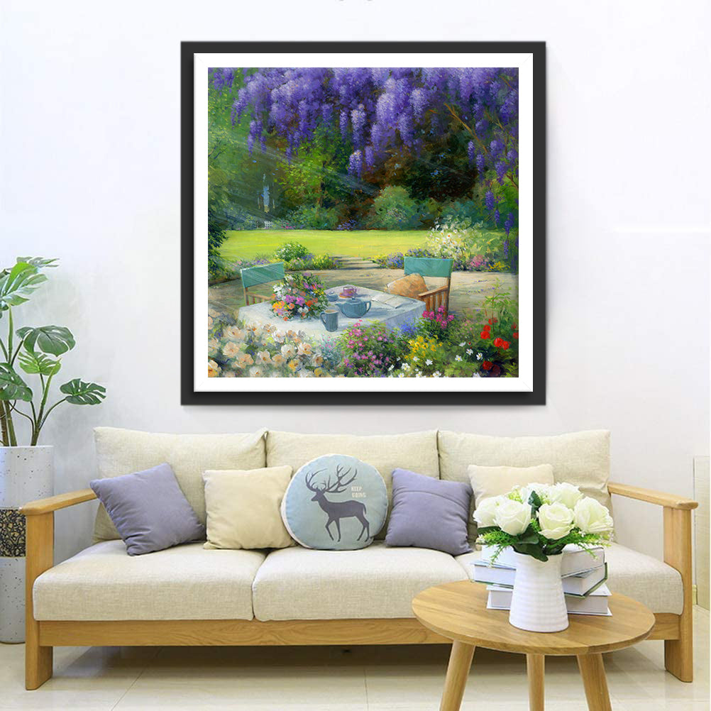 Het Betoverende Hoekje van de Tuin met Zitplaats en Bloemenweelde Diamond Painting