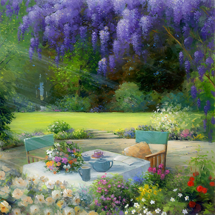 Het Betoverende Hoekje van de Tuin met Zitplaats en Bloemenweelde Diamond Painting