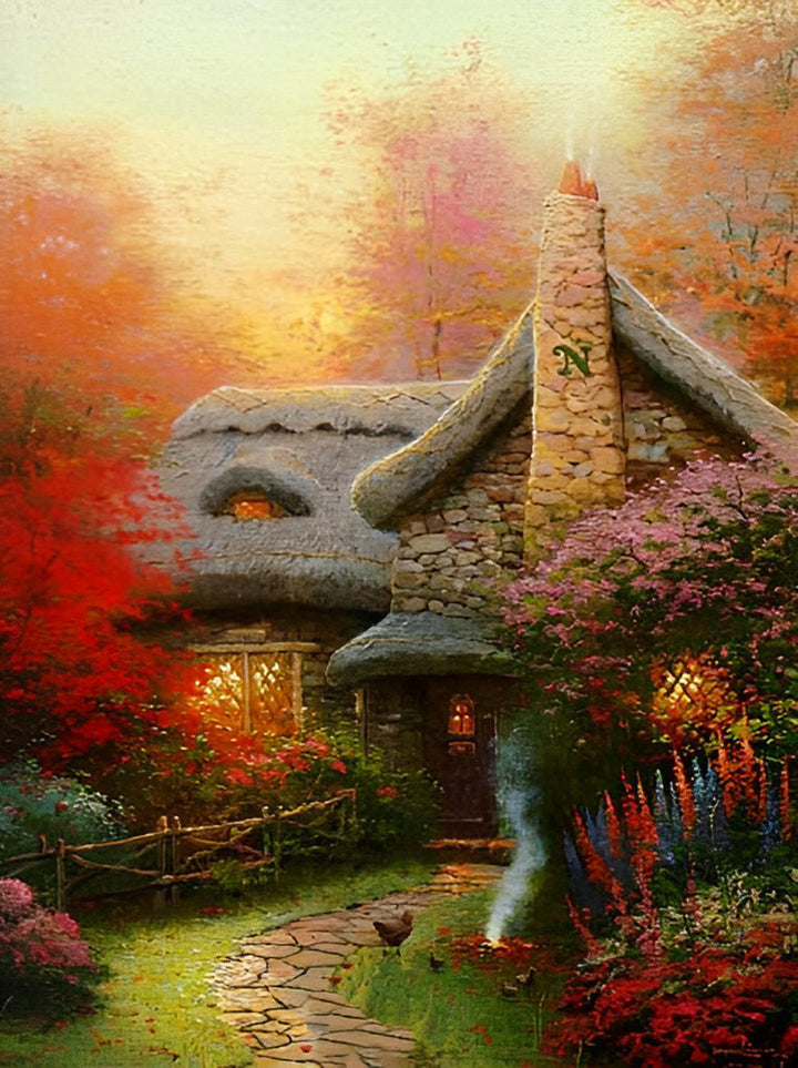 Het Charmante Huisje in de Romantische Herfstavond Diamond Painting
