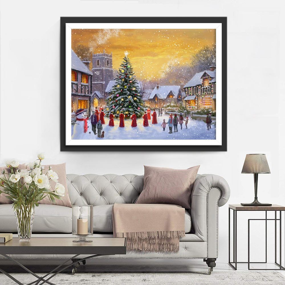 Het Feestelijke Dorpje met Grote Kerstboom Diamond Painting