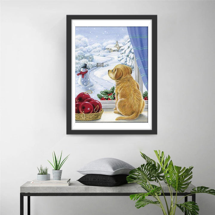 Het Hondje dat Uitkijkt over de Winterse Wereld Diamond Painting