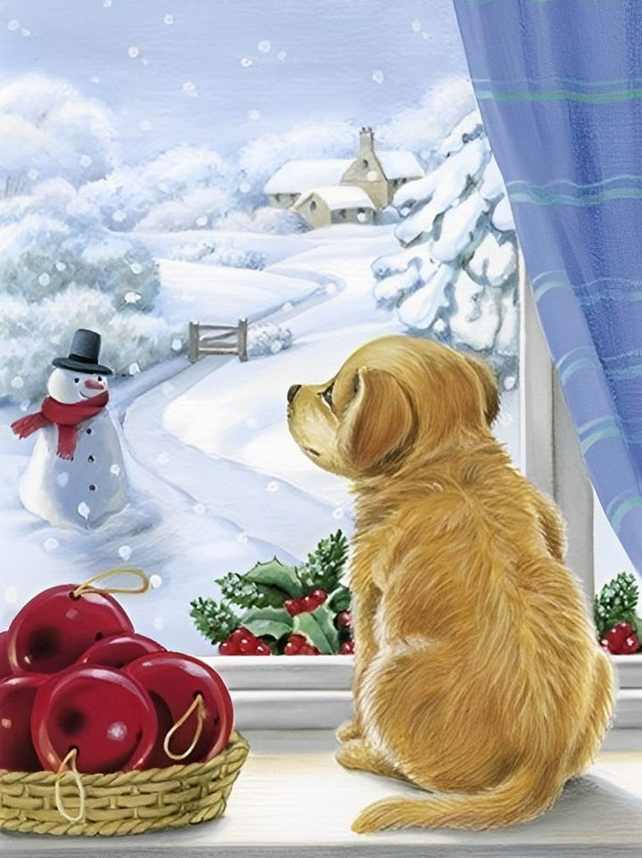Het Hondje dat Uitkijkt over de Winterse Wereld Diamond Painting