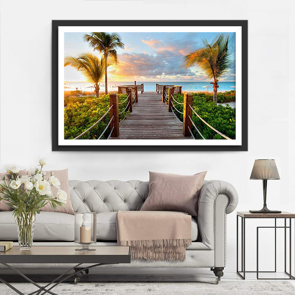 Het Houten Pad naar de Zonsondergang aan het Strand Diamond Painting