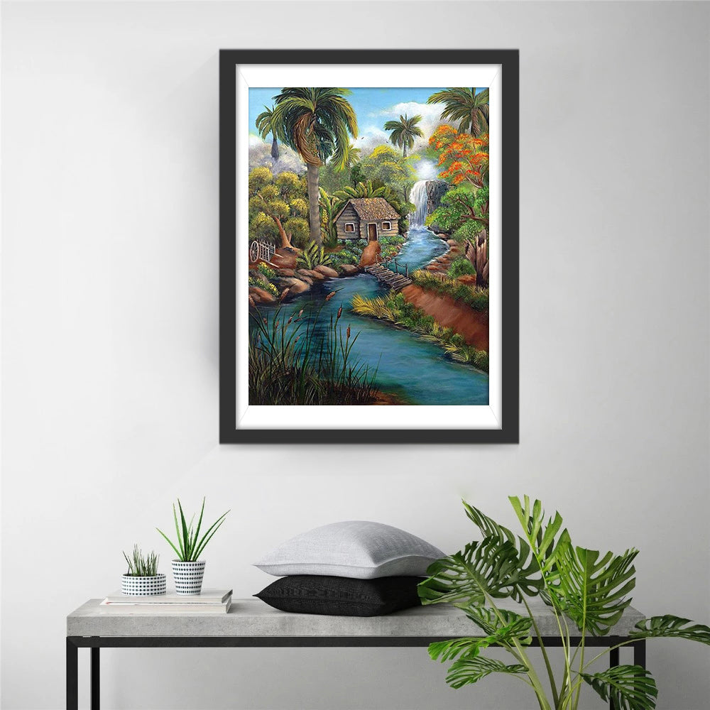 Het Kalme Riviergezicht met Huisje en Waterval Diamond Painting