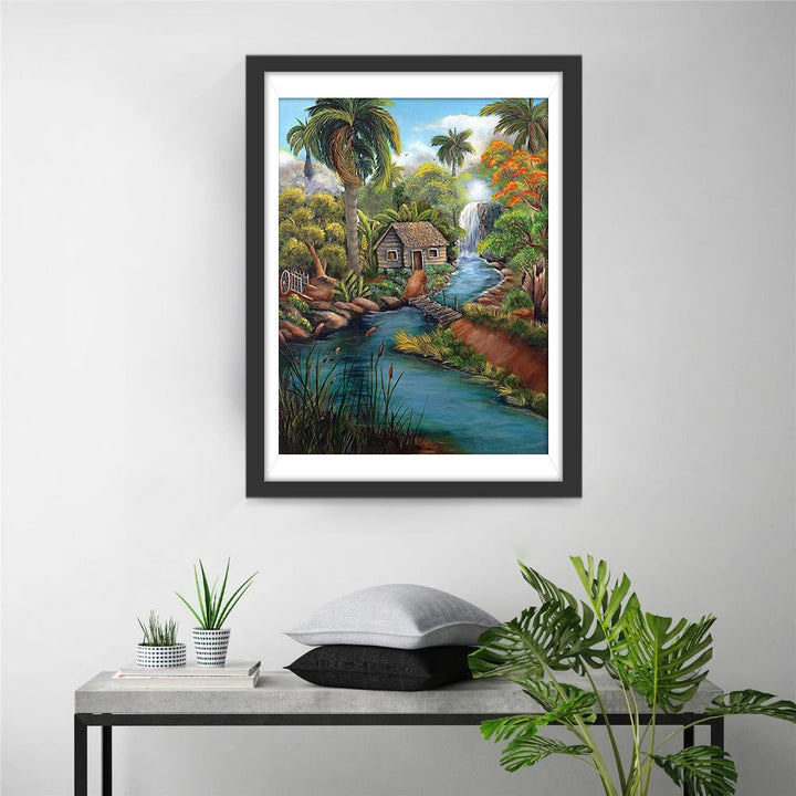 Het Kalme Riviergezicht met Huisje en Waterval Diamond Painting