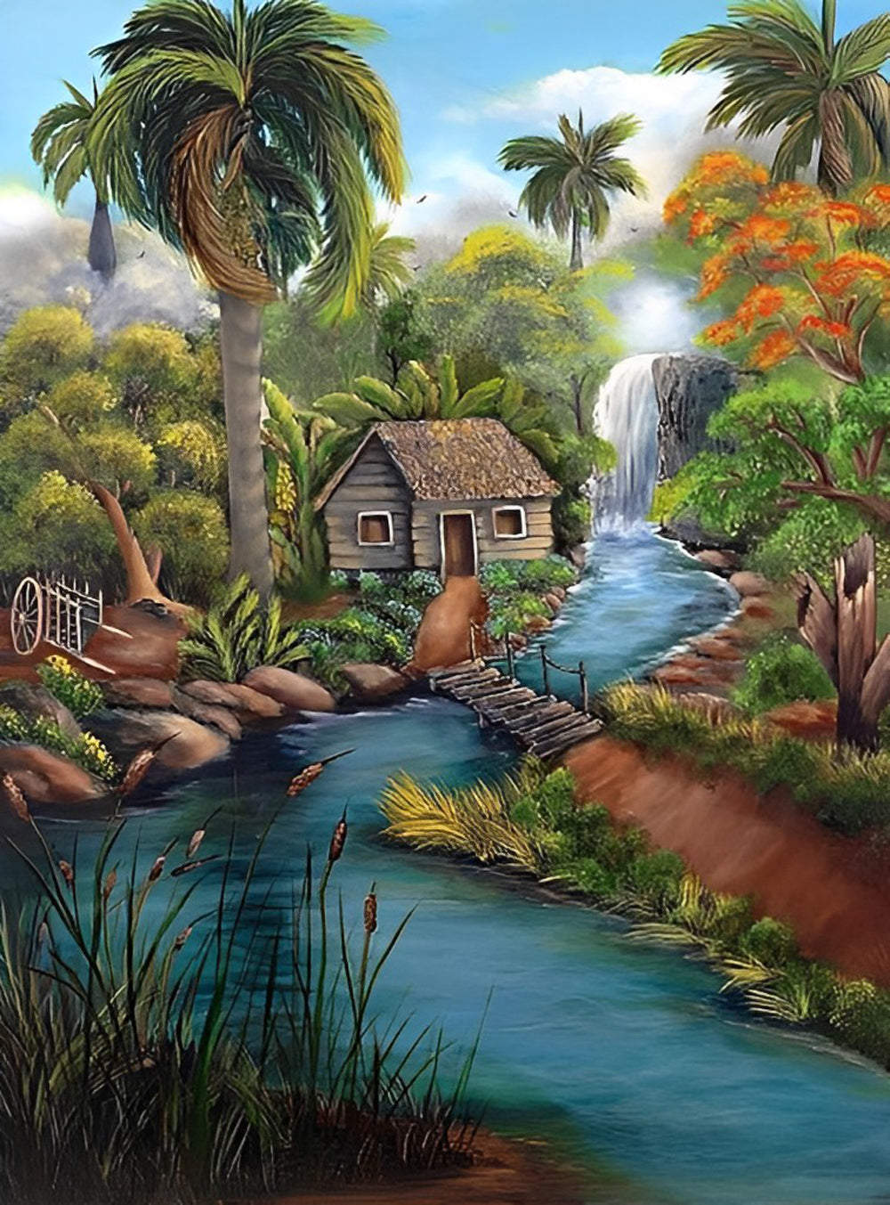 Het Kalme Riviergezicht met Huisje en Waterval Diamond Painting