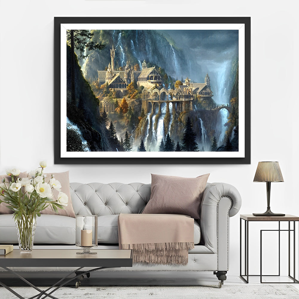 Het Kasteel tussen de Watervallen en Bergen Diamond Painting