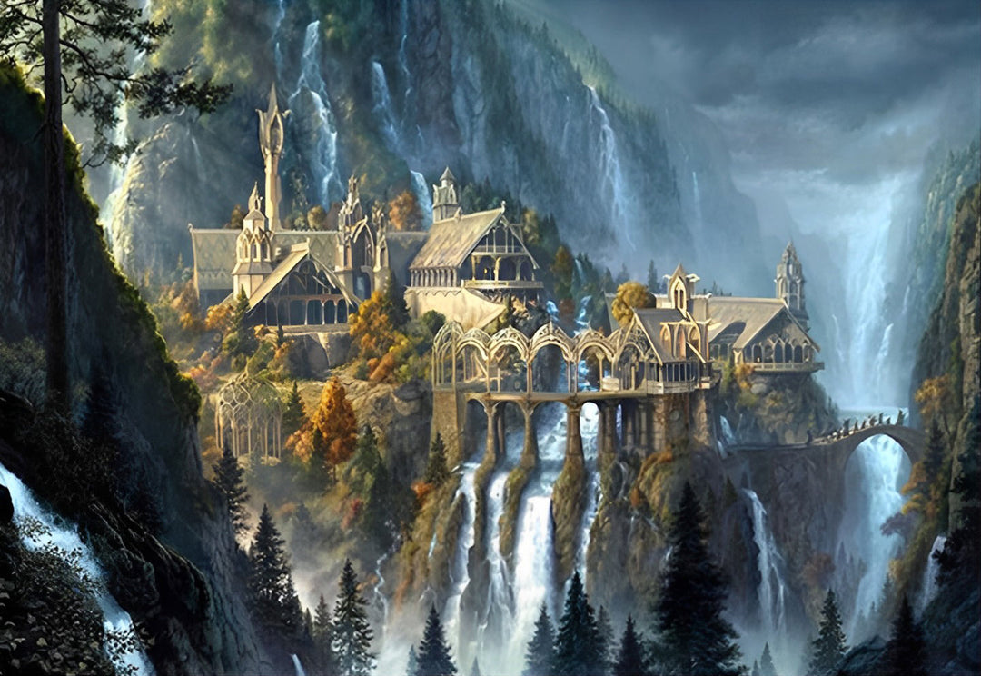Het Kasteel tussen de Watervallen en Bergen Diamond Painting