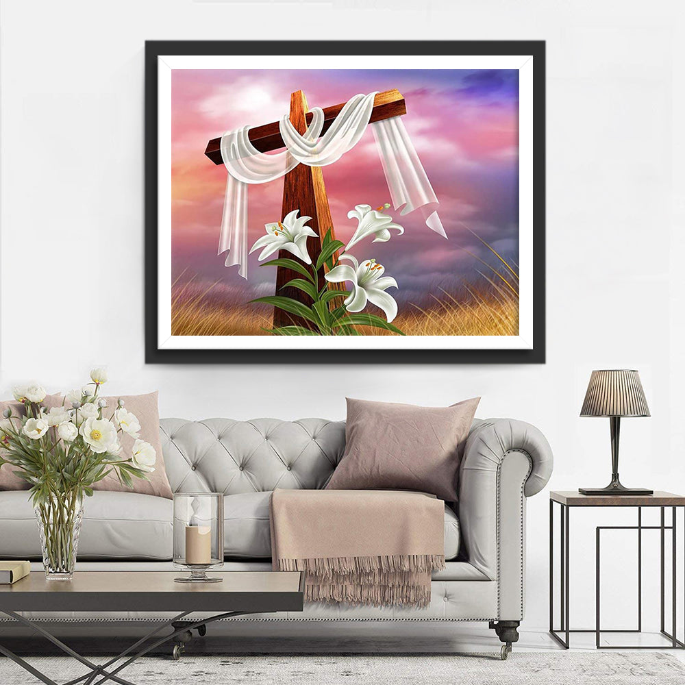 Het Kruis met Lelies onder de Zonsondergang Diamond Painting