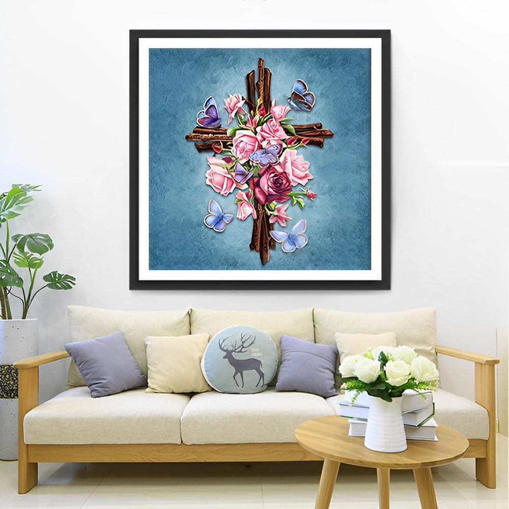Het Kruis versierd met Rozen en Vlinders Diamond Painting