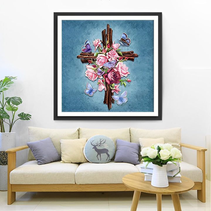 Het Kruis versierd met Rozen en Vlinders Diamond Painting