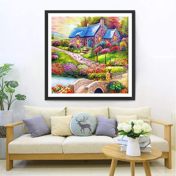 Het Landhuis met Tuin en Bruggetje Diamond Painting