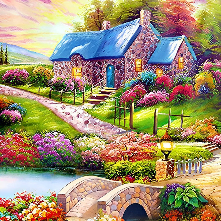 Het Landhuis met Tuin en Bruggetje Diamond Painting