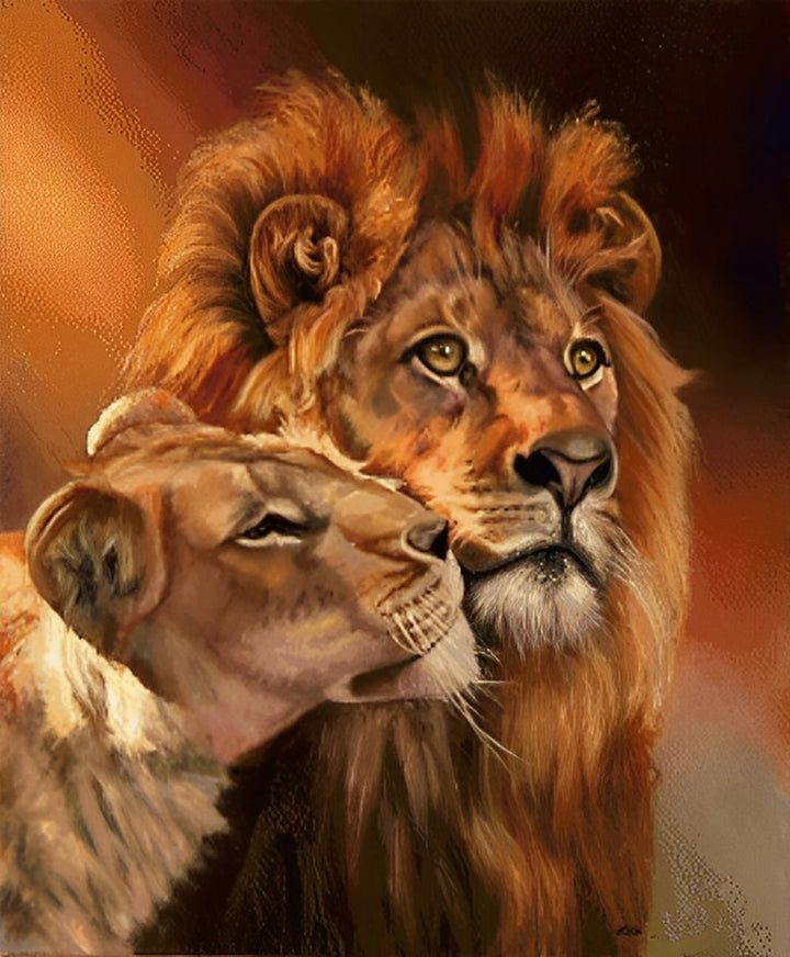Het Leeuwenwelpje Kruipt tegen zijn Moeder aan Diamond Painting