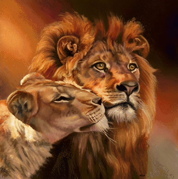 Het Leeuwenwelpje Leunt tegen een Grote Leeuw aan Diamond Painting