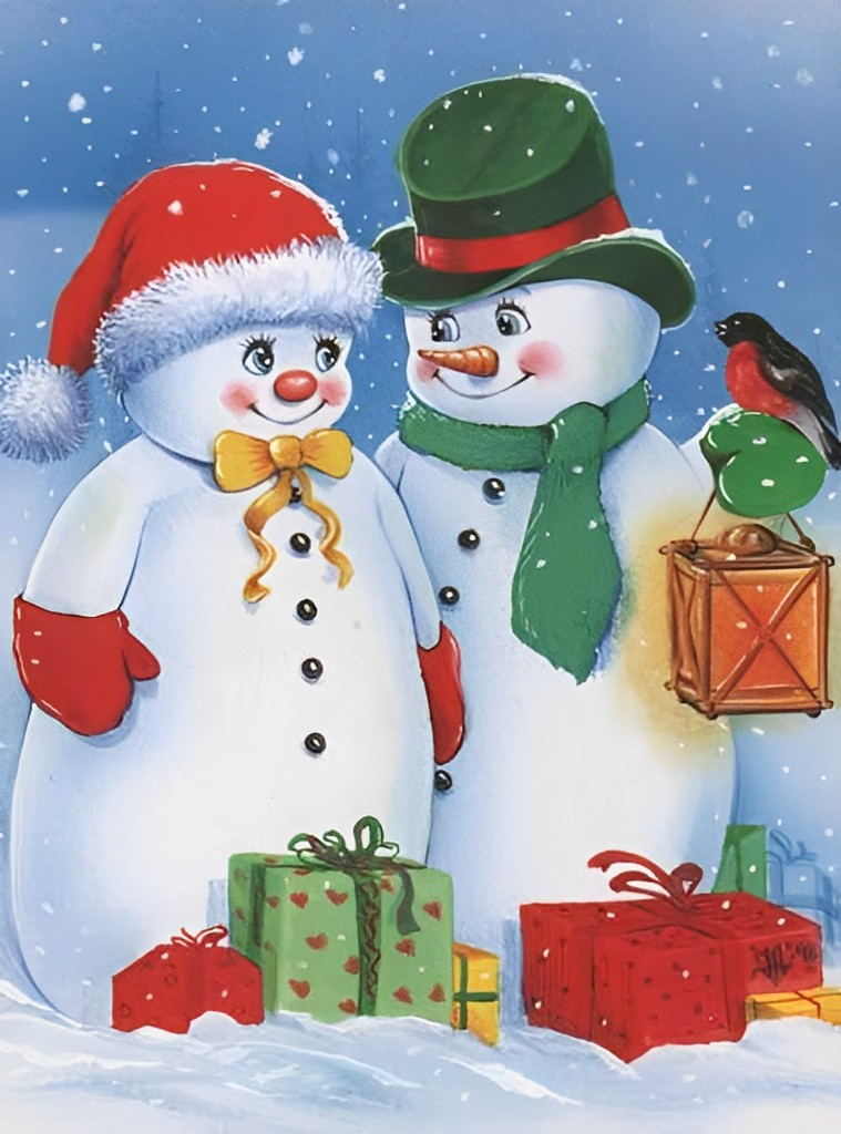 Het Lieflijke paar Sneeuwmannen in Kerstgewaad Diamond Painting